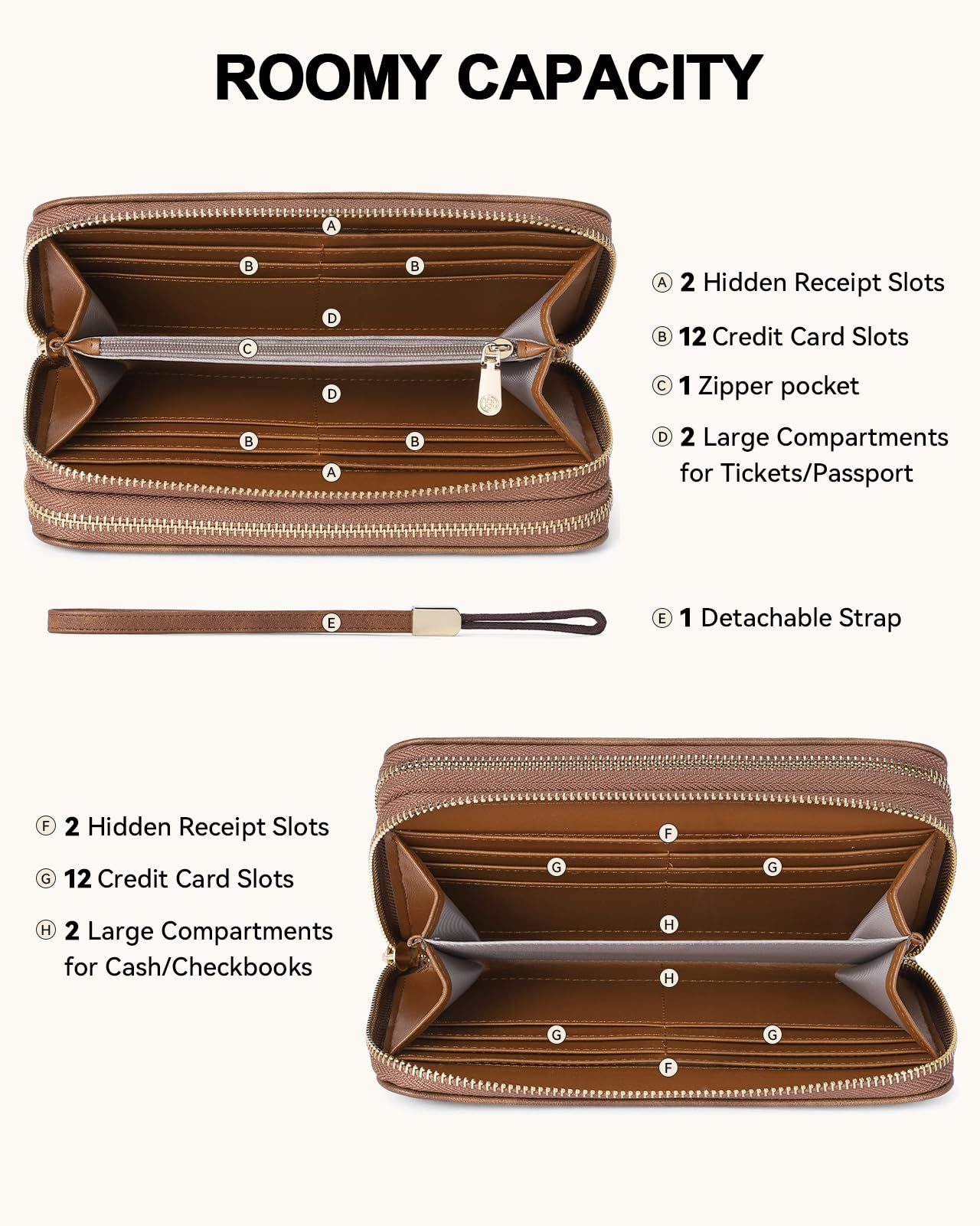 BOSTANTEN Wallets for Women Leather RFID Double Zipper Around Credit Card Holder Large Capacity Wristlet Clutch Wallet with Grip Hand Strap Brown