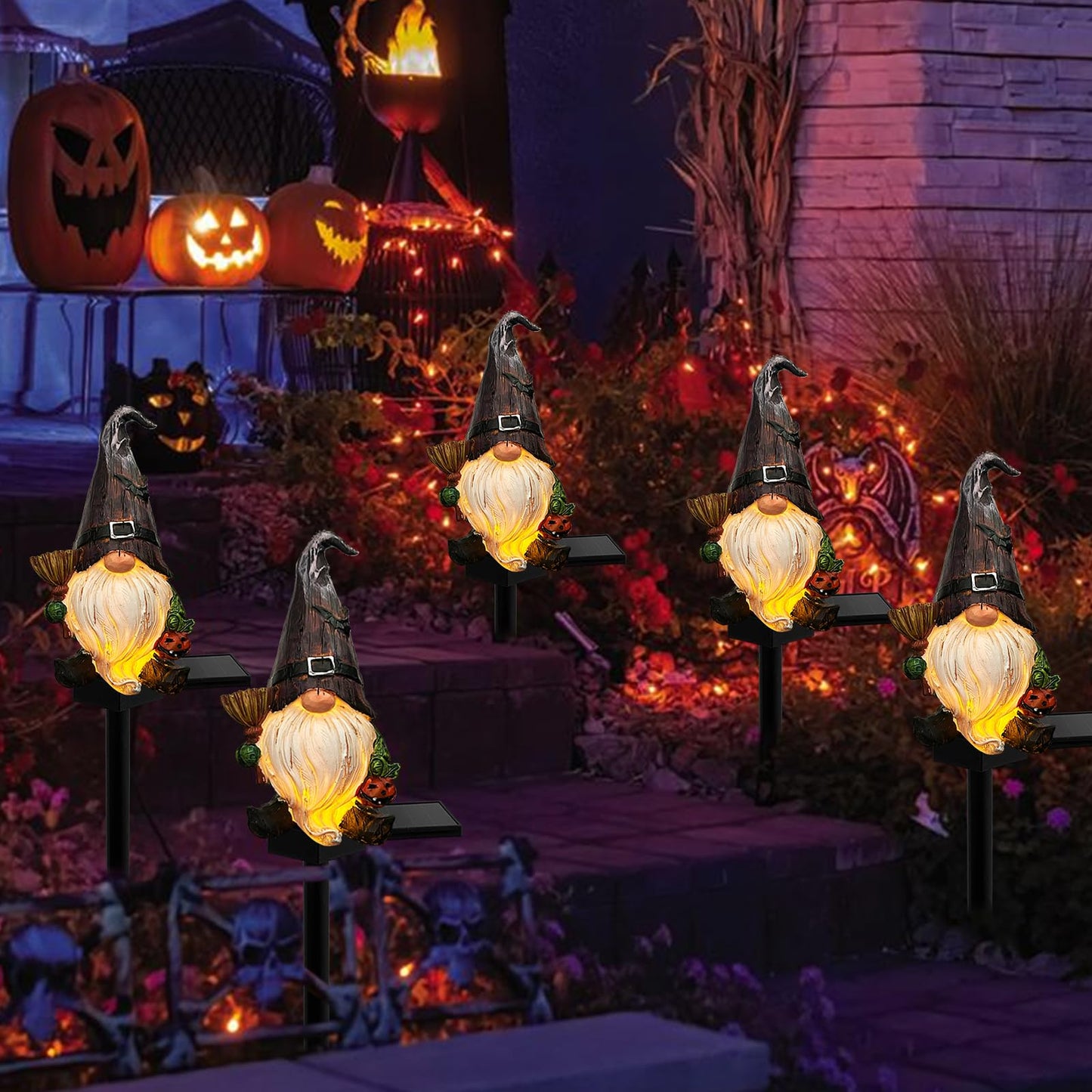 LAIAMER Halloween Gnome Garden Lights Outdoor Solar Halloween Pathway lights, Fall Yard Stakes Fall Decorations Gnome Statue with Bat&Pumpkin, Gnomes Gifts Fairy Garden Lights for Outside Lawn(Purple)
