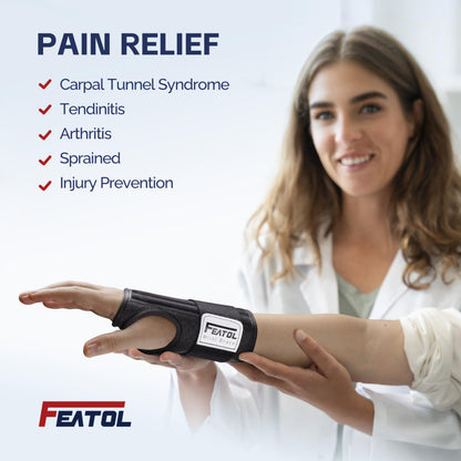 FEATOL 2 Pack Carpal Tunnel Wrist Brace For Work With Wrist Splint, 6.5'' Hand Brace Night Support For Women Men, Pain Relief For Tendonitis, Arthritis, Pregnancy, Typing, Right and Left Hand, Large