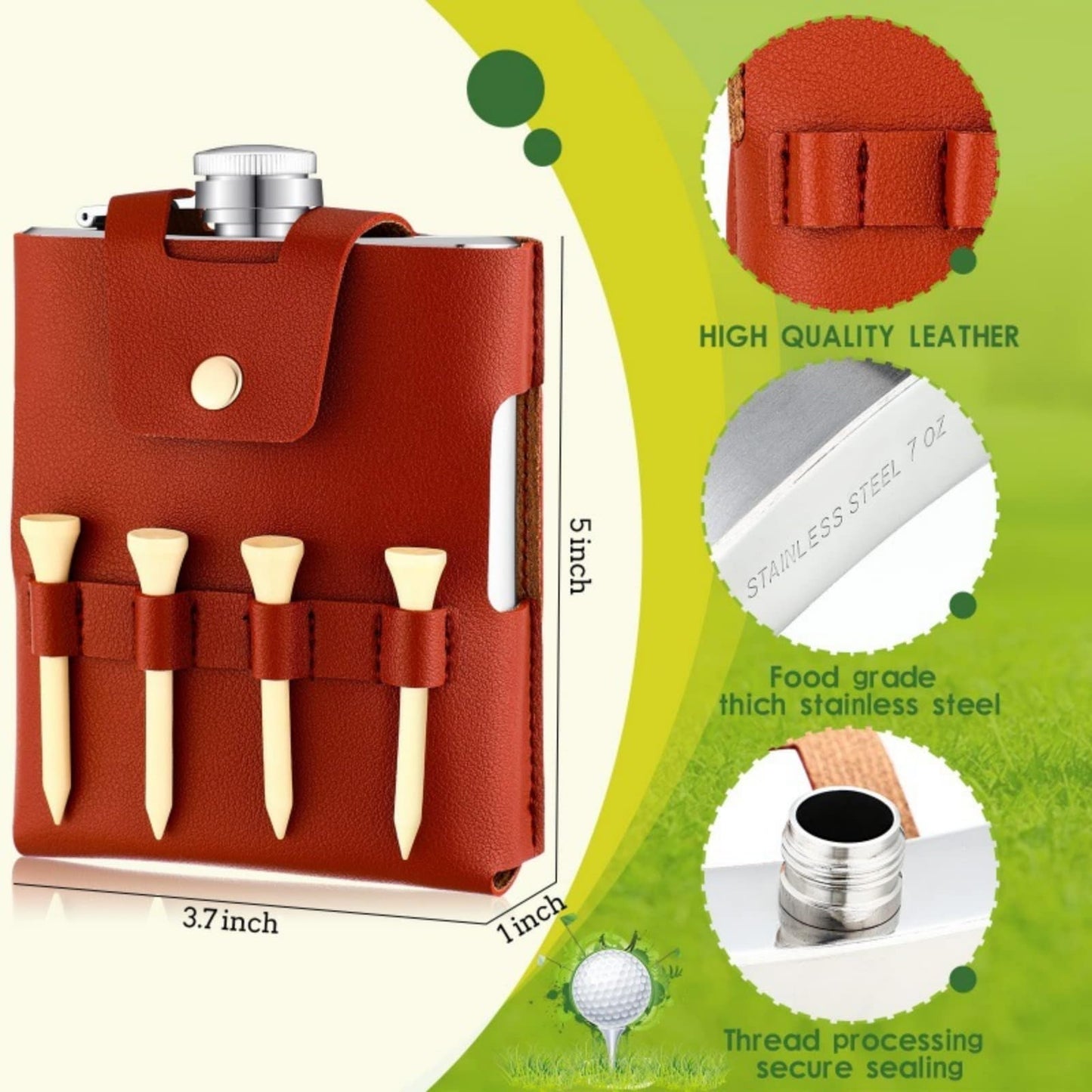 Kangnice PU Flask Cover Drink Bottle Case for Golf Camping Hiking with Secures and Thermal Protections Easy to PU Leather Golf Flask Case