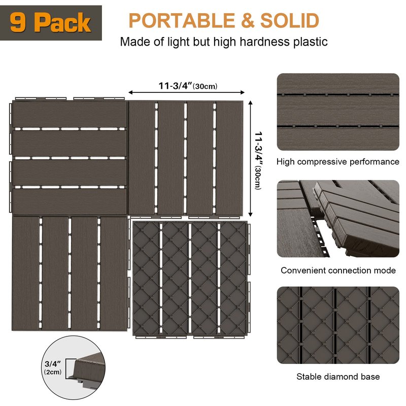 Goovilla Plastic Interlocking Deck Tiles, 9 Pack Balcony Flooring, 12"x12" Waterproof Outdoor Flooring All Weather Use, Patio Floor Decking Tiles for Porch Poolside Backyard Concrete, Dark Coffee