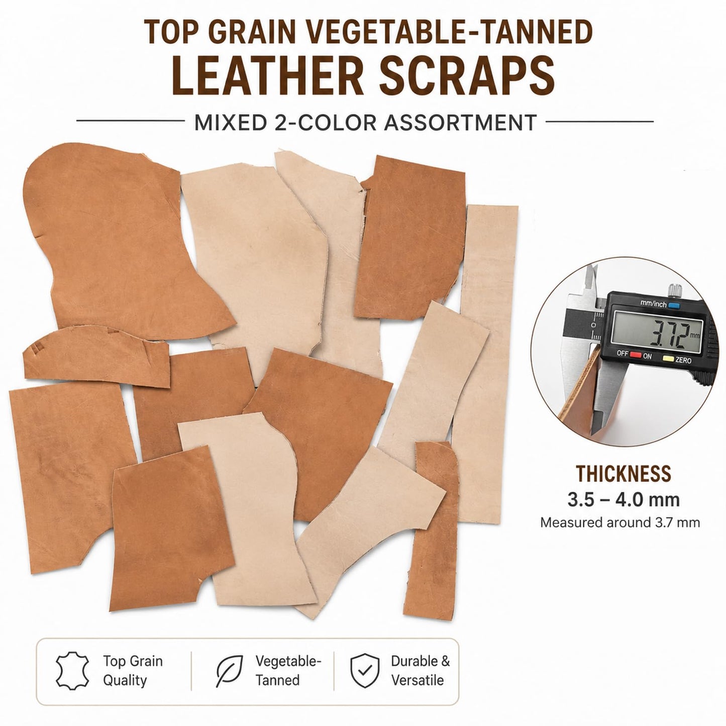 2.2 LB Genuine Cowhide Leather Scraps for Crafts, 3.5-4.0mm Thick Vegetable Tanned Leather Pieces for Tooling, Carving, Stamping, Leatherworking, Brown & Natural Tan Mix