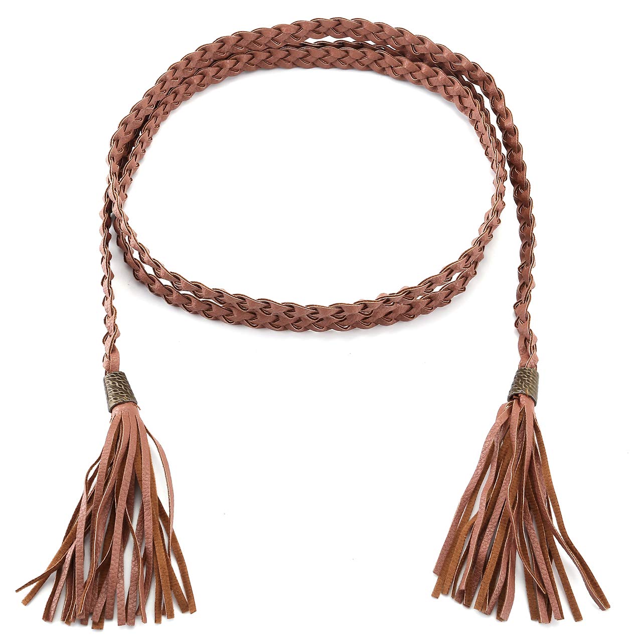 CHIC DIARY Women's Tassel Braided Rope Belt PU Leather Waist Belt Thin Woven Boho Waistband For Dress Jeans (E-2pcs)