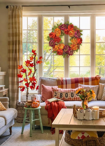 Artificial Fall Wreath for Front Door – 24 Inch Peony & Mixed Floral Wreath with Maple Leaves & Berries, Rustic Autumn Wall Décor