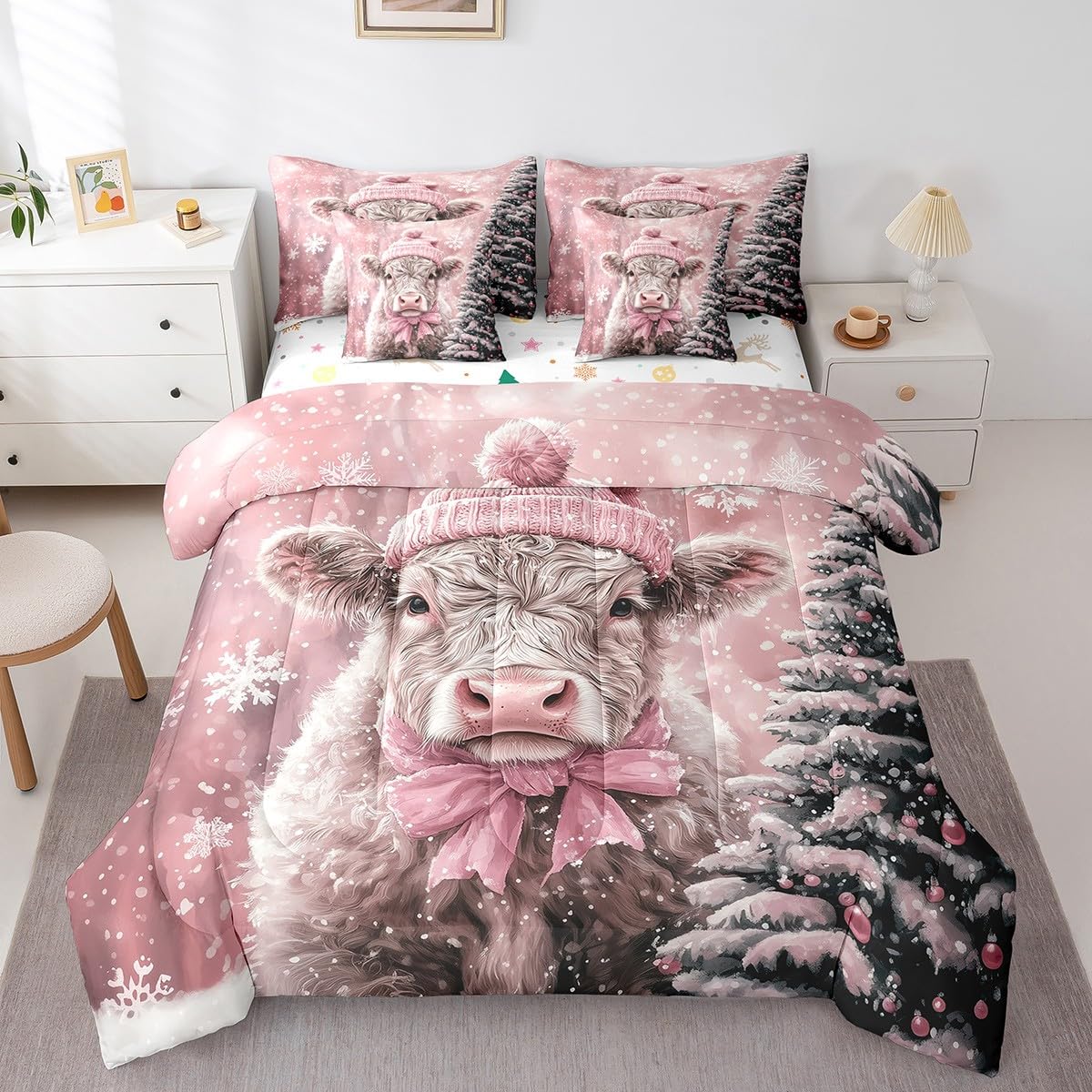 Manfei Xmas Highland Cow 7 Pieces Comforter Set Full,Cute Animal Christmas Tree Bedding Set for Bedroom Decor,Pink Hat Bownot（Comforter+Fitted+Flat Sheet+2 Pillowcases+2 Throw Pillow Covers）