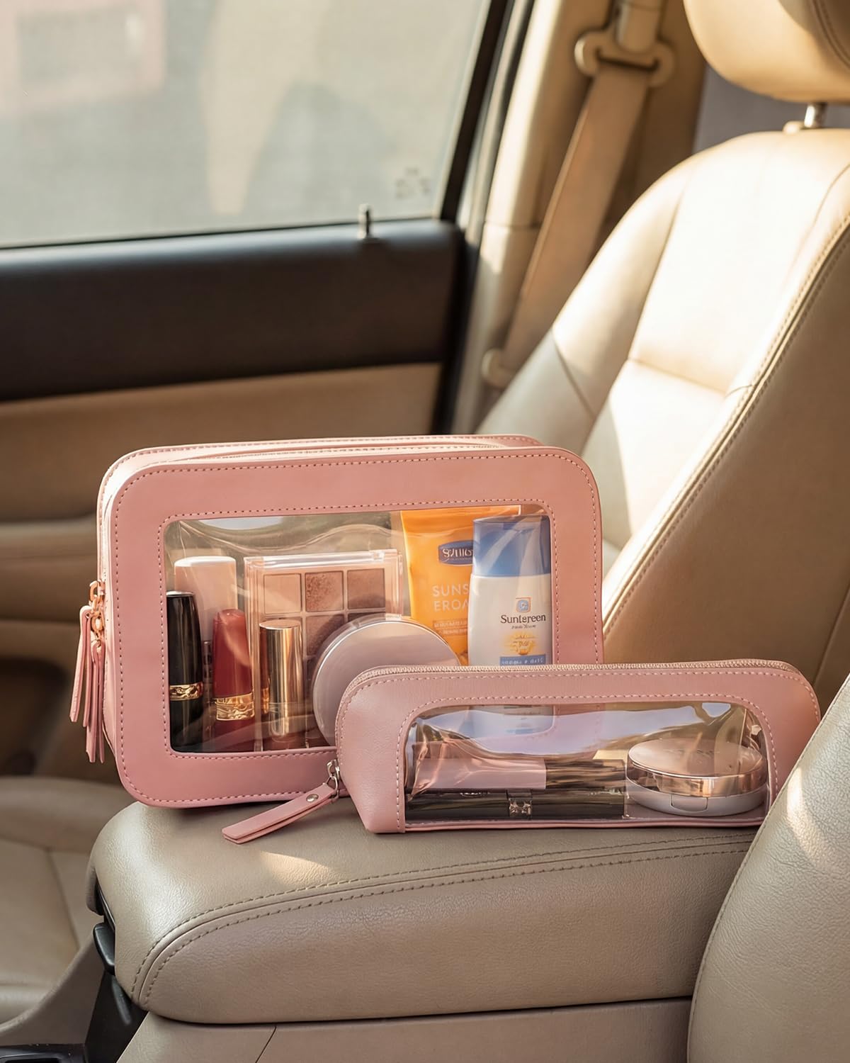 LETGO Clear Travel Makeup Brush Bag, Leather Portable Makeup Brush Bag Organizer Pouch Lipstick Bag Transparent Waterproof Makeup Bag Car Orangizer Storage Bag for Women (Dual Pink)