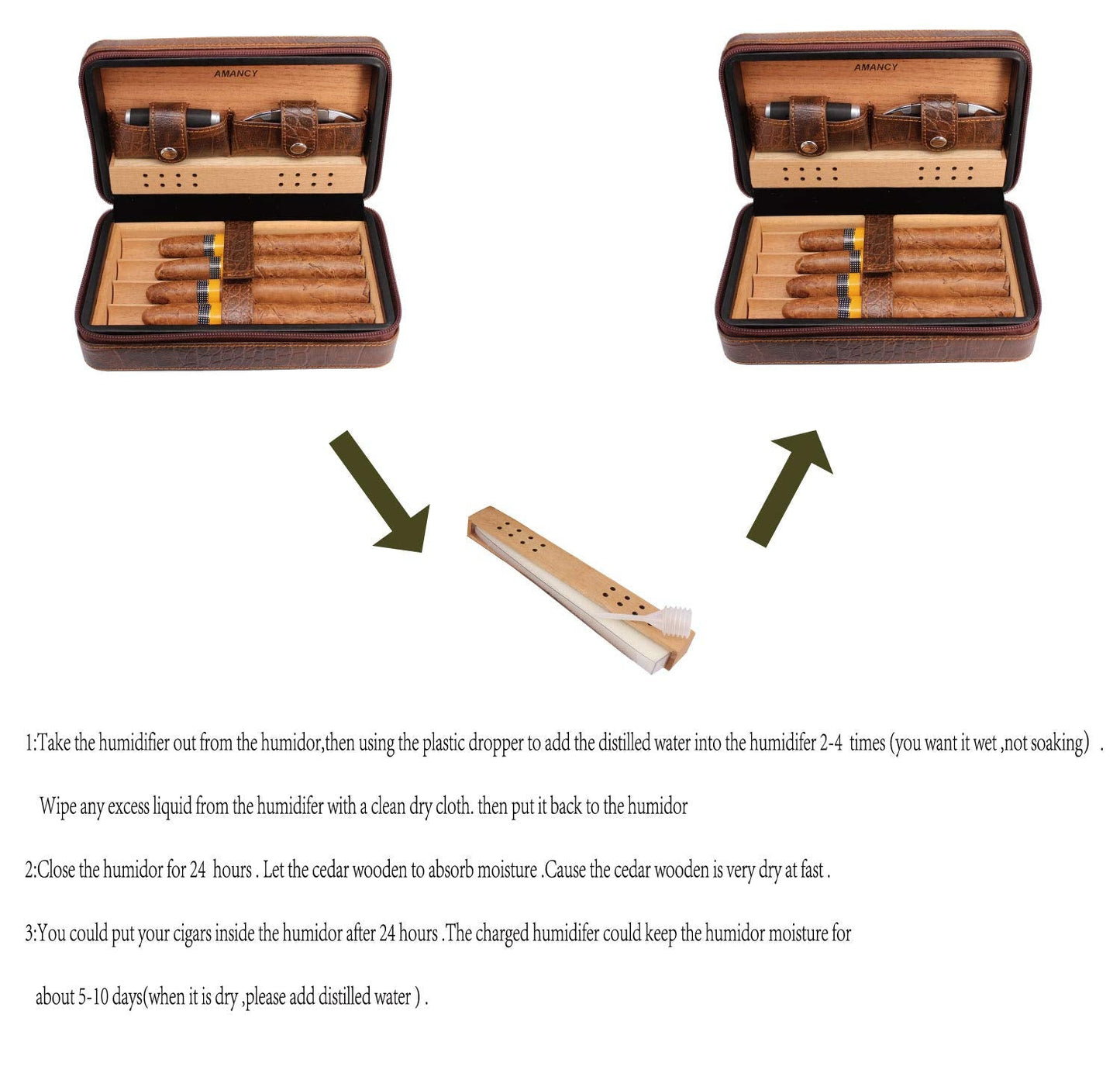 AMANCY Manly Black Brown Crocodile Pattern Leather Travel Cedar Wood Lined 4 Cigar Humidor Case, Included Cigar Cutter and Lighter Set