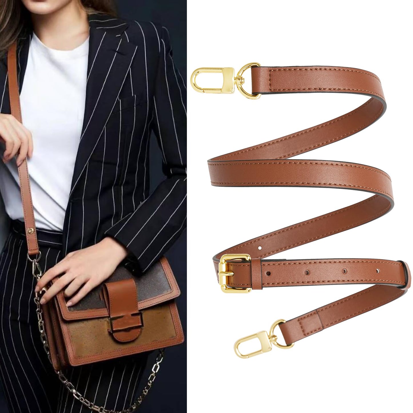 YAZHIMI Vachetta Leather Purse Strap Genuine Leather Adjustable Replacement Strap for Shoulder Bag Handbag Purse (Brown-Leather Crossbody Strap)