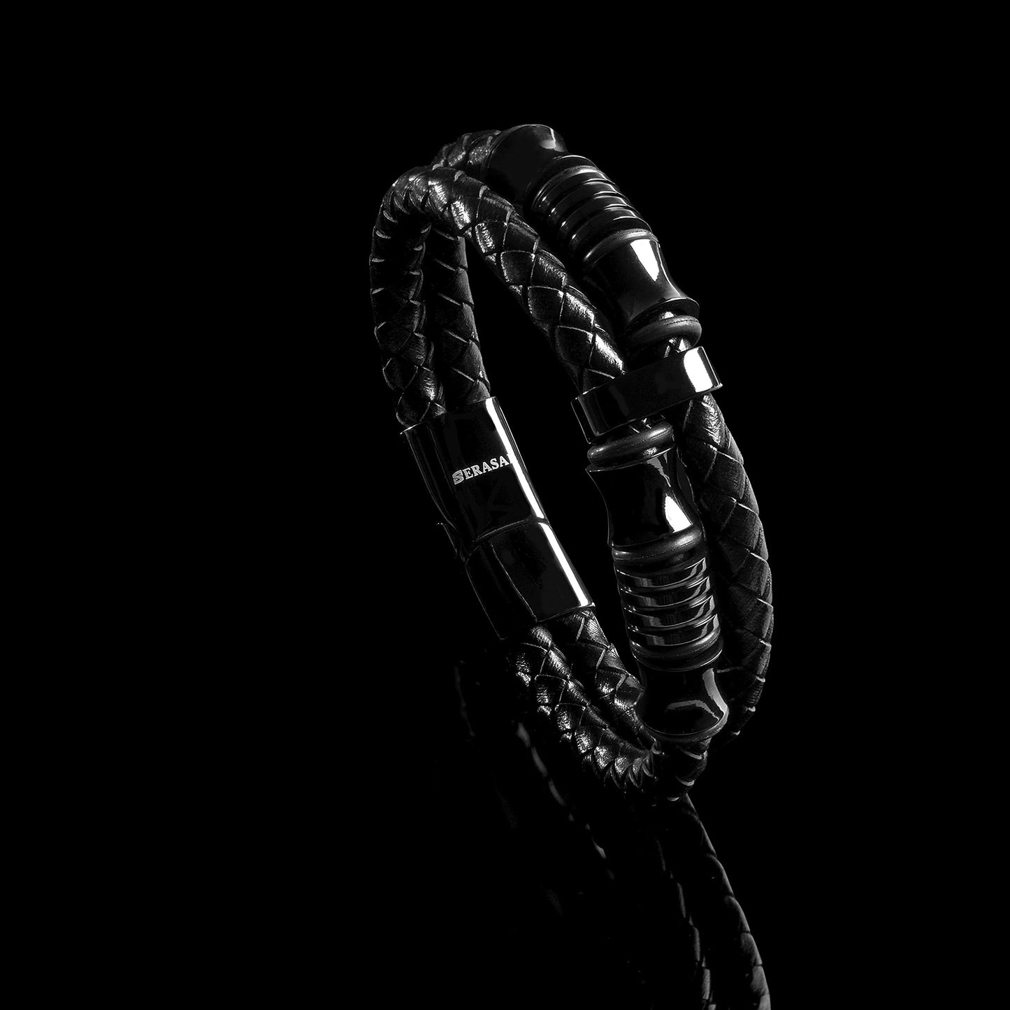 SERASAR 8″ Black Leather Bracelets for Men Mens Cowhide Gift Box Braided Bracelet Stainless Steel Jewelry Wrist Band Cuff Wrap Rope Bangle Dad Man Pulseras para Hombres Cuero Regalo