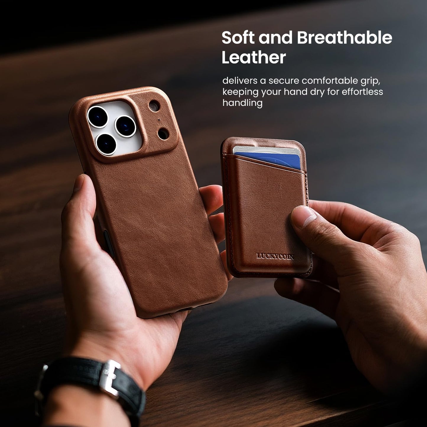 LUCKYCOIN Premium Leather Phone Case for iPhone 17 Pro 6.3in，Compatible with MagSafe & Wireless Charging，Built-in Camera Control Button，100% Full-Grain Cowhide Leather Slim Phone Case - Dark Brown