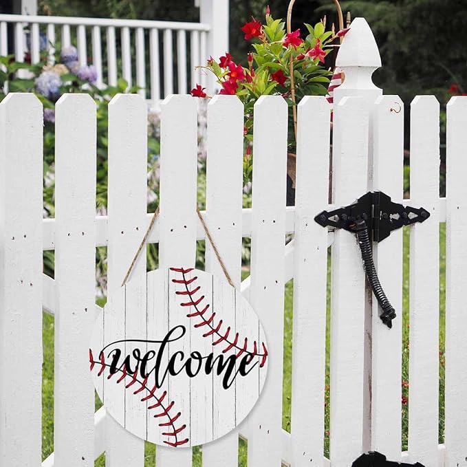 Welcome Sign for Front Door Welcome Baseball Door Sign 12In Wooden Wreath Wall Hanging Sign for Indoor Outdoor Seasonal Decor