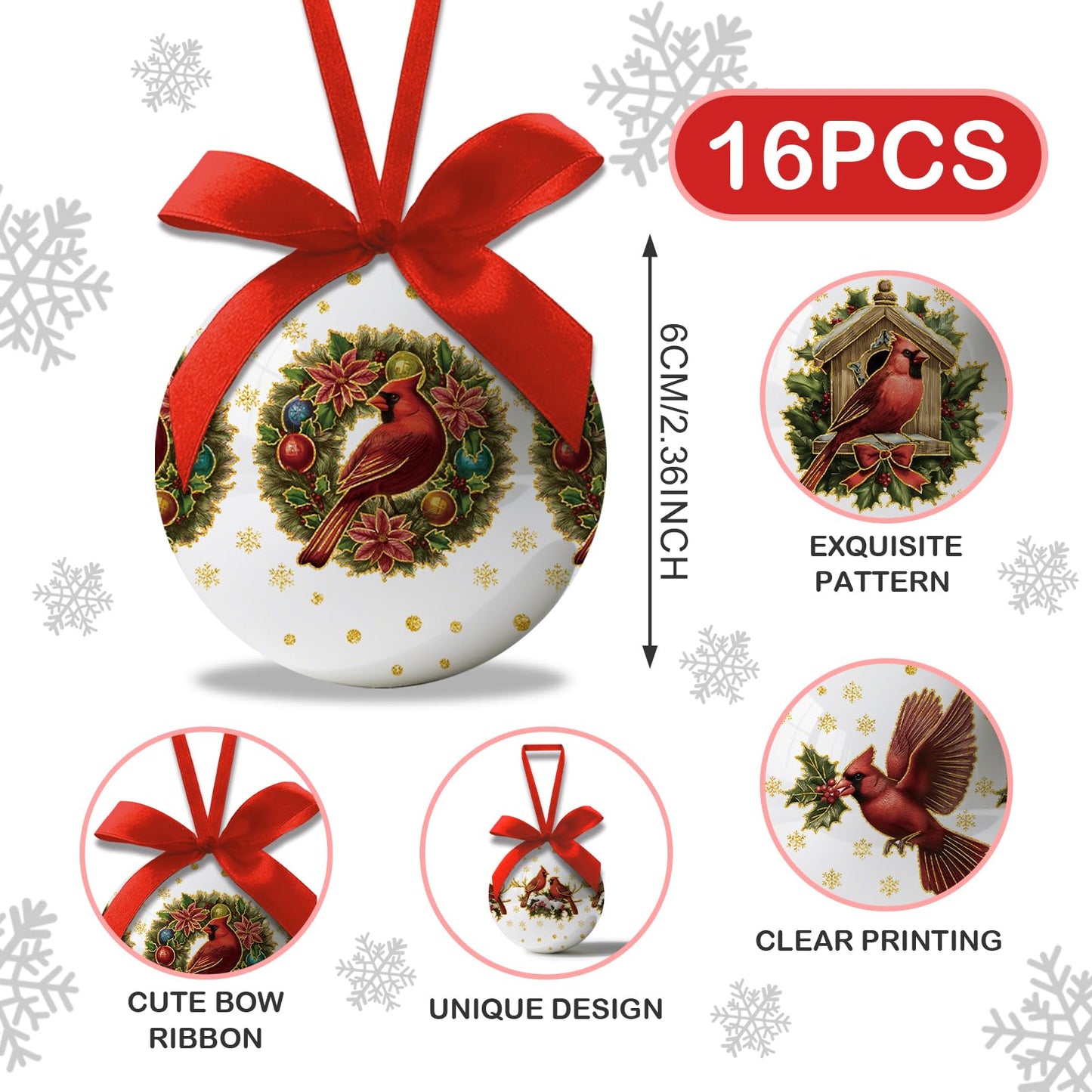 Christmas Decor - Cardinal Christmas Tree Decorations Religious Jesus Hanging Ornaments Balls, Cute Decorations Ball 2.36 Inch for Xmas Tree Party Home Holiday，Xmas Gifts Set of 16Pcs