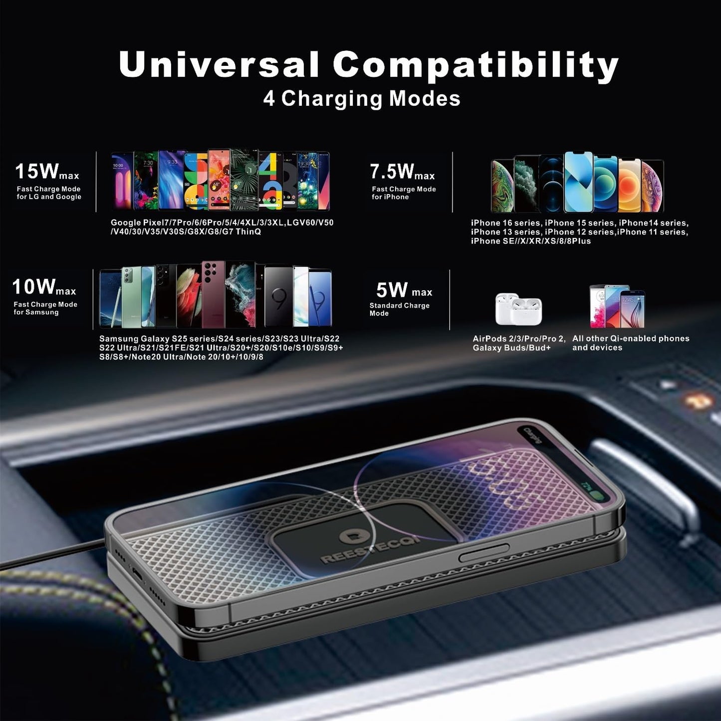 Wireless Car Charger Pad, REESTECQI 15W Wireless Charging Pad for Car Non Slip Phone Car Wireless Charger [40W Car Charger Included] for iPhone 16 15 14 13 12 11, AirPods 3/Pro 2, Samsung S24/S23/S22