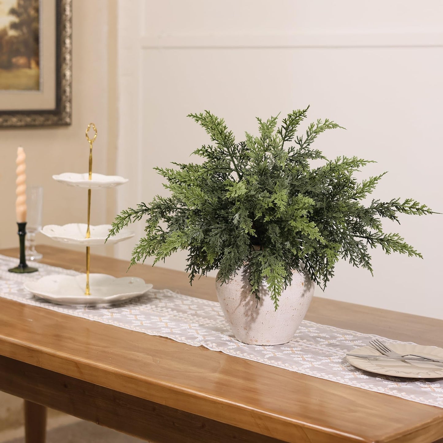 Juxdp Soft Textured Christmas Cedar Branches-18 Inches, Artificial Cedar Branch Faux Greenery Plants Stem Fake Pine Picks for Vase DIY Crafts Garland Wreath Xmas Indoor Outdoor Decor (12 Pcs)