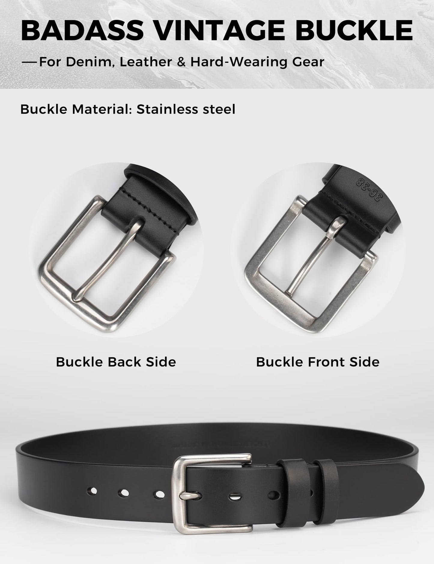wolksprong Mens Heavy Duty Full Grain Leather Belt - 1 1/2 Italian Genuine Leather with Sturdy Buckle for Jeans Casual Pants