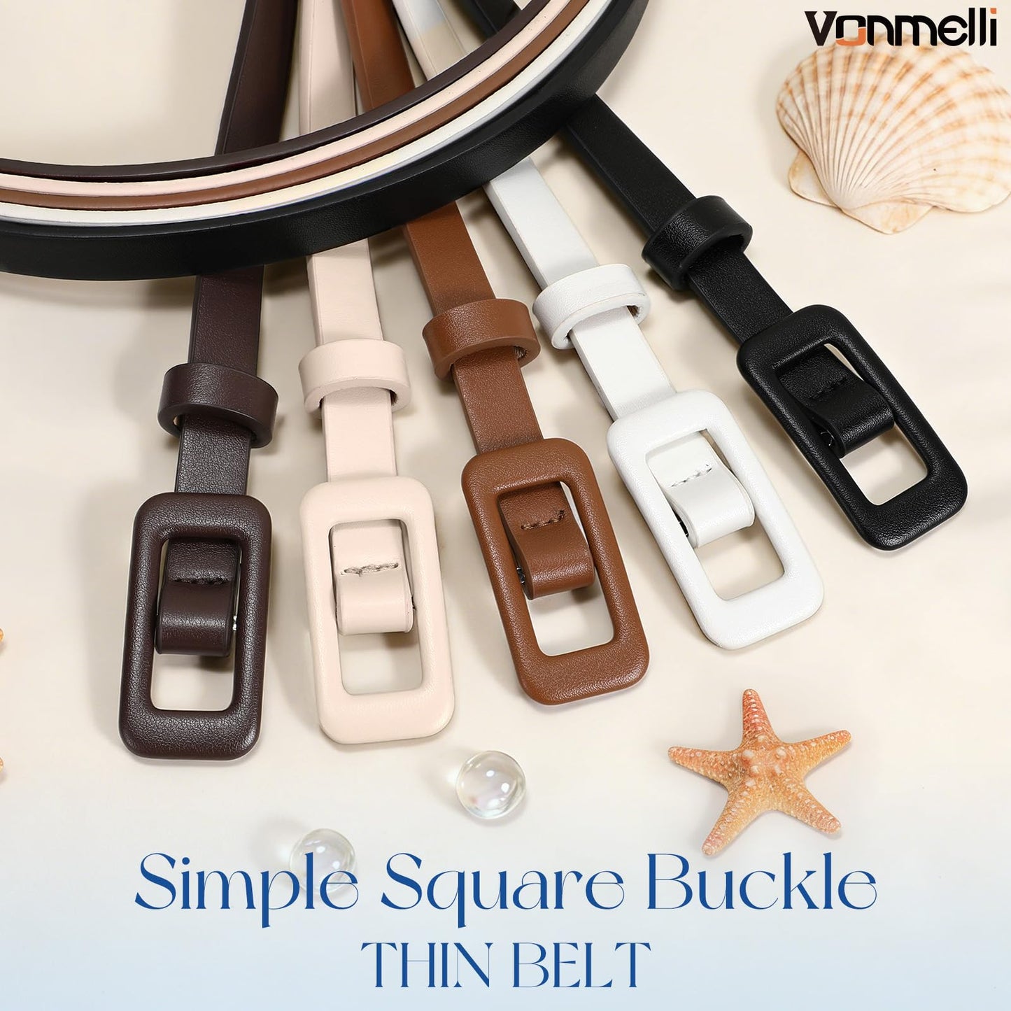 VONMELLI 5 Pack Women Skinny Leather Belt Thin Waist No Hole Belt for Ladies Jeans Dress Pants, Black Coffee Brown White Beige XS