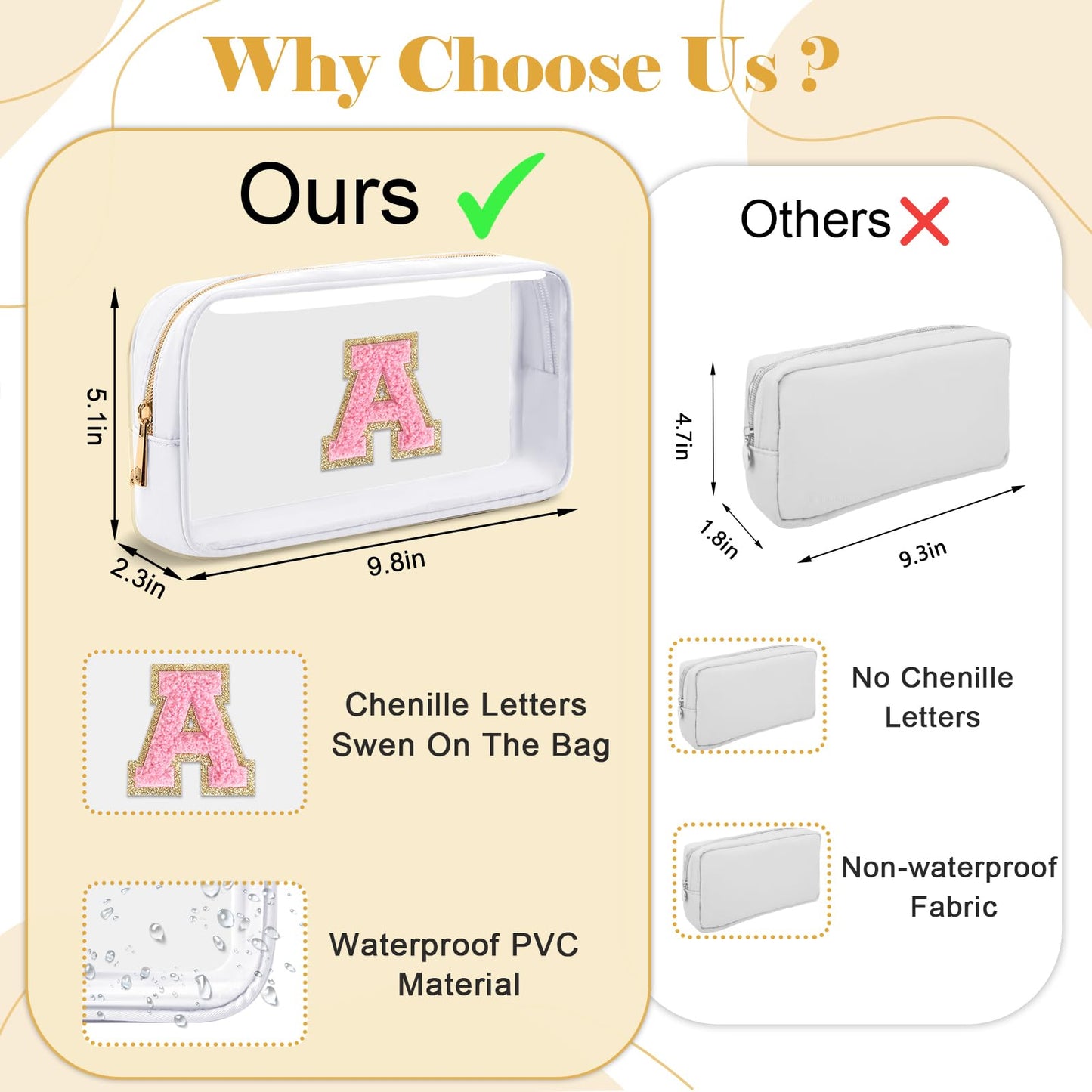 UIXIZQ Personalized Initial Letter Clear Makeup Bag,Preppy Small Nylon&PVC Cosmetic Zipper Bag with Chenille Letter,Travel Skincare Toiletry Bag,Monogram Christmas Gift for Teen Girls Women,B
