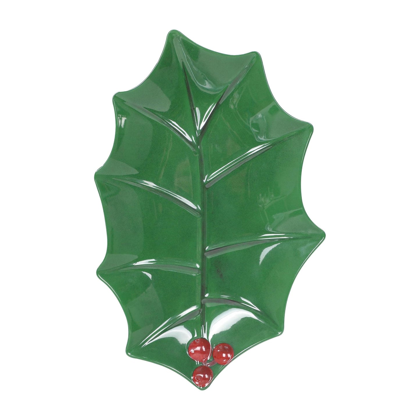 UPware Holly Leaf-Shaped Melamine Serving Platter, Green Holiday Tray with Red Berry Accent, Break-Resistant BPA-Free Christmas Dish for Cookies, Snacks, or Appetizers, 16 x 10 Inch
