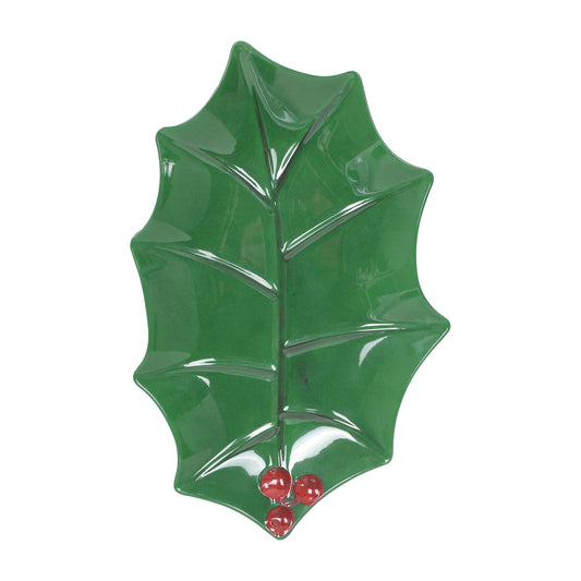 UPware Holly Leaf-Shaped Melamine Serving Platter, Green Holiday Tray with Red Berry Accent, Break-Resistant BPA-Free Christmas Dish for Cookies, Snacks, or Appetizers, 16 x 10 Inch