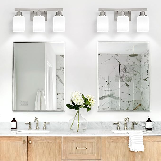 3-Light Bathroom Vanity Light,Brushed Nickel Vanity Lights with Square Frosted Glass,Modern Bathroom Wall Lights Fixtures Over Mirror,Wall Sconces Lighting for Bedroom Living Room,E26