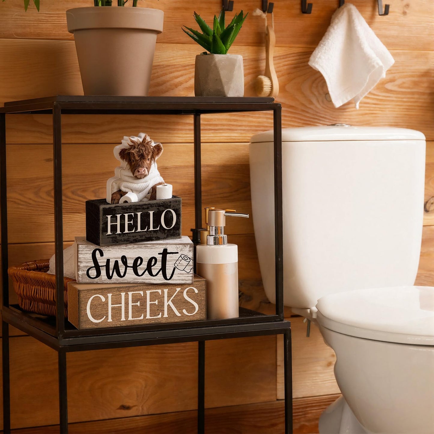 Moucuny 4 Pcs Bathroom Shelf Decor Highland Cow Farmhouse Bathroom Decor and Accessories Rustic Eucalyptus Leaves Hello Sweet Cheeks Highland Cow Sign Western Table Centerpiece for Home Office Toilet