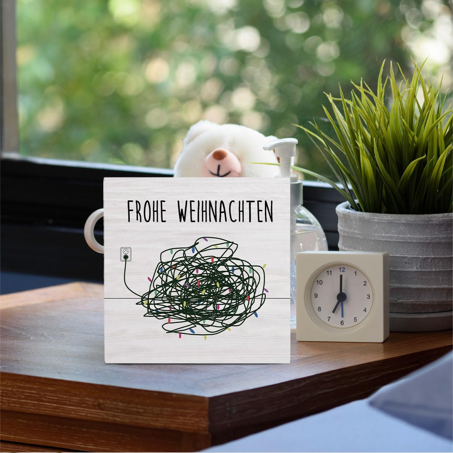HYKDFMNCJ German Merry Christmas Wooden Box Sign Desk Decor, Funny Christmas Decor, Frohe Weihnachten Xmas Lights Holiday Wood Signs for Home Office Desk Table Shelf Decorations, 5x5 Inch