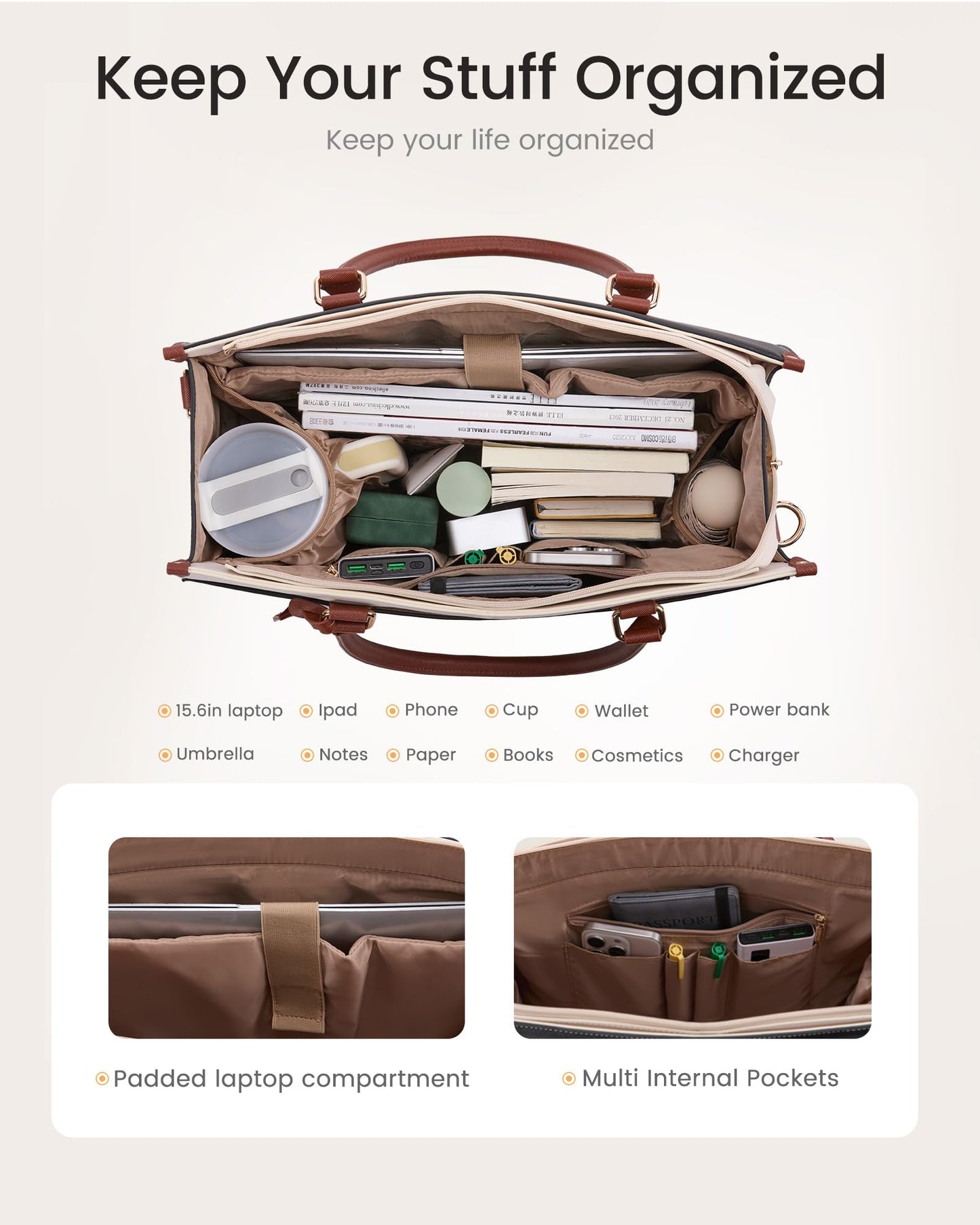 LOVEVOOK Laptop Bag for Women 15.6 Inch, Waterproof Leather Tote Purse with Cup Holder & Elegant Clutch, Multi Pocket Large Capacity Work Briefcase for Office Travel, Black-Beige-Brown