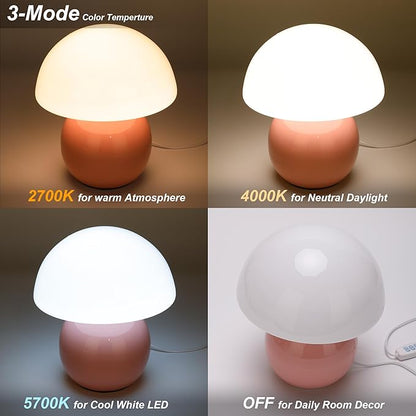 Small Mushroom Lamp,USB-Plug in Bedside Table Lamps with 3-Temperature LED Bulb Dimmable,Unique Cute Aesthetic Home Decor for Living Room,Bedroom, Modern Ceramic Base Glass Lamp(Pink)