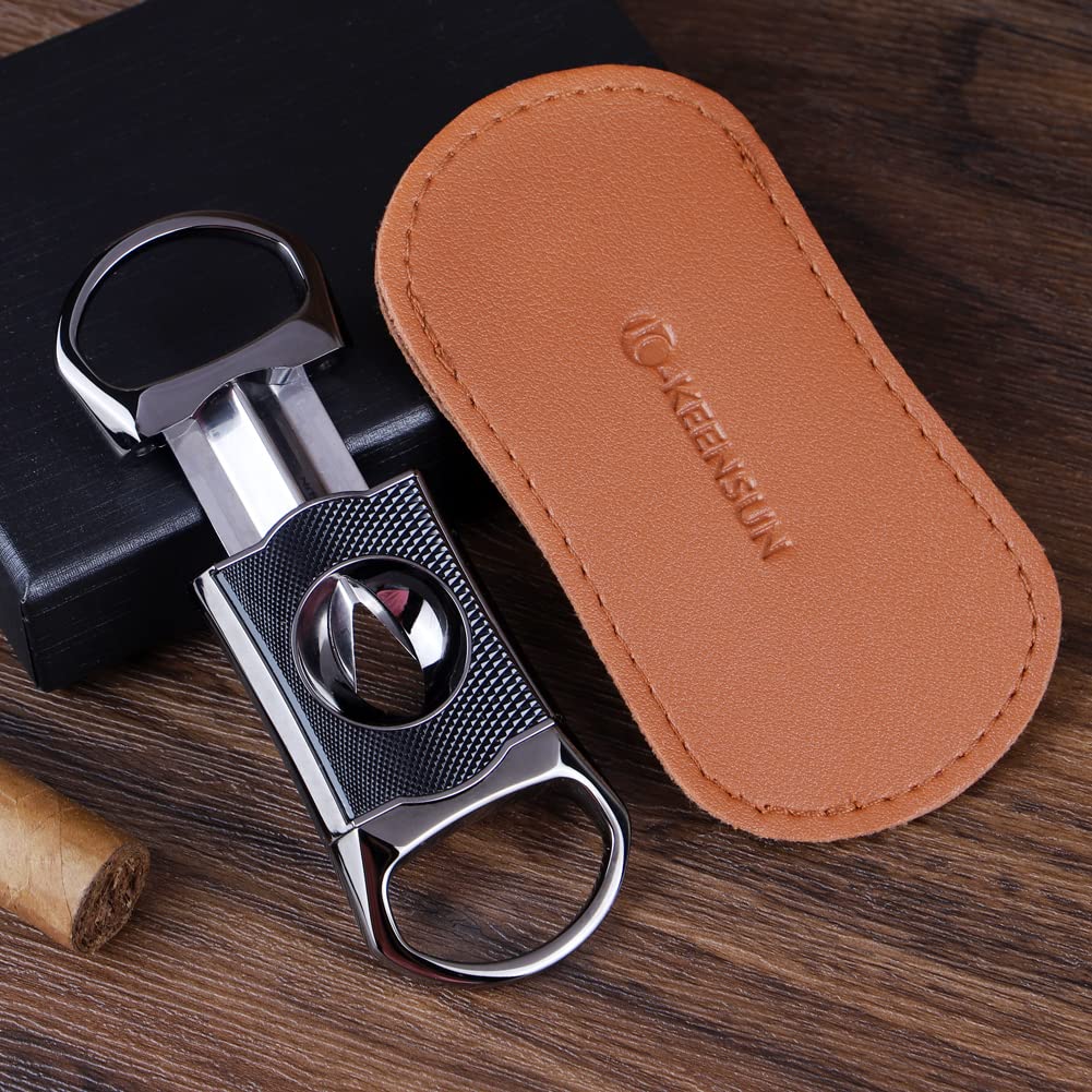 KEENSUN Zinc Alloy V-Cut Cigar Cutter (Gun Color and Black CNC Engraved Diamond Shell), 60 Ring Gauge, Stainless Steel Cut Blade with Leather Case and Gift Box