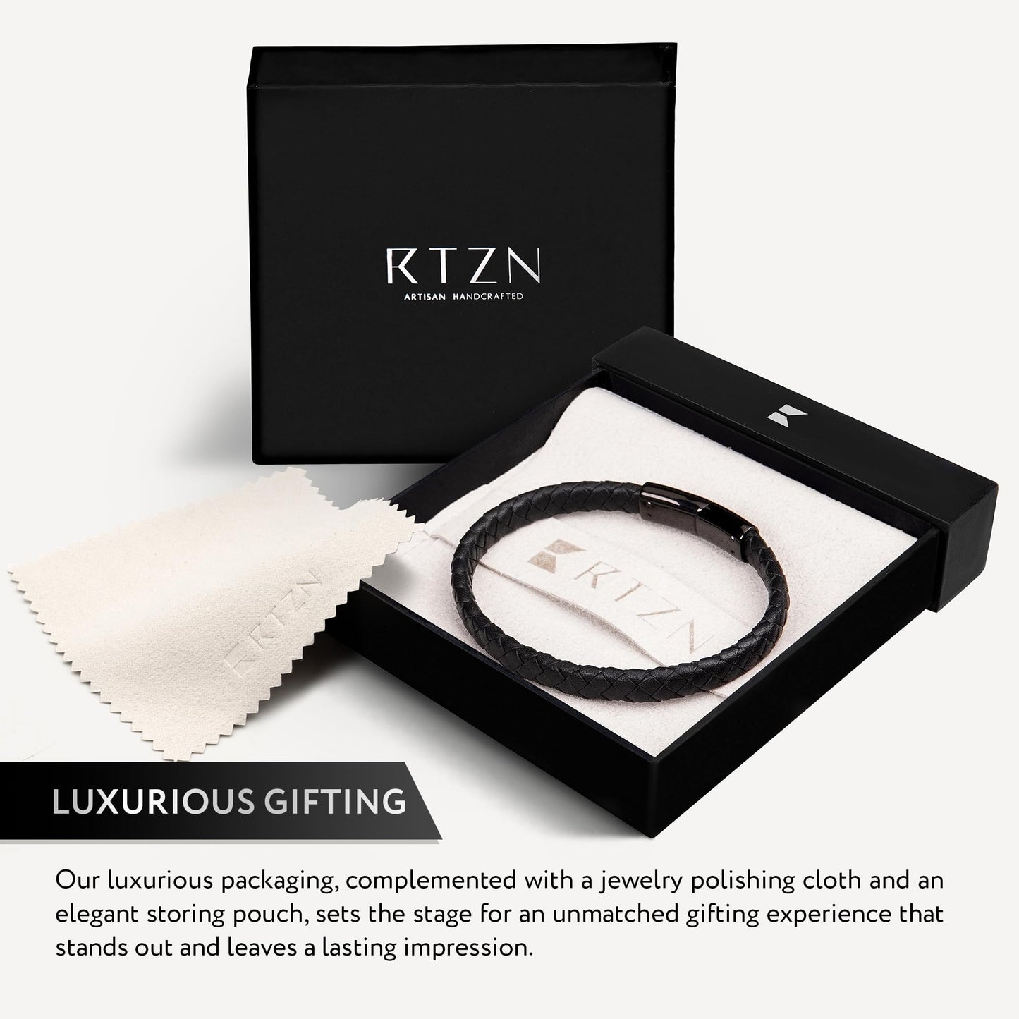 RTZN Black Leather Bracelet for Men Premium Artisan Handcrafted Braided Leather Bracelet Mens (Small)