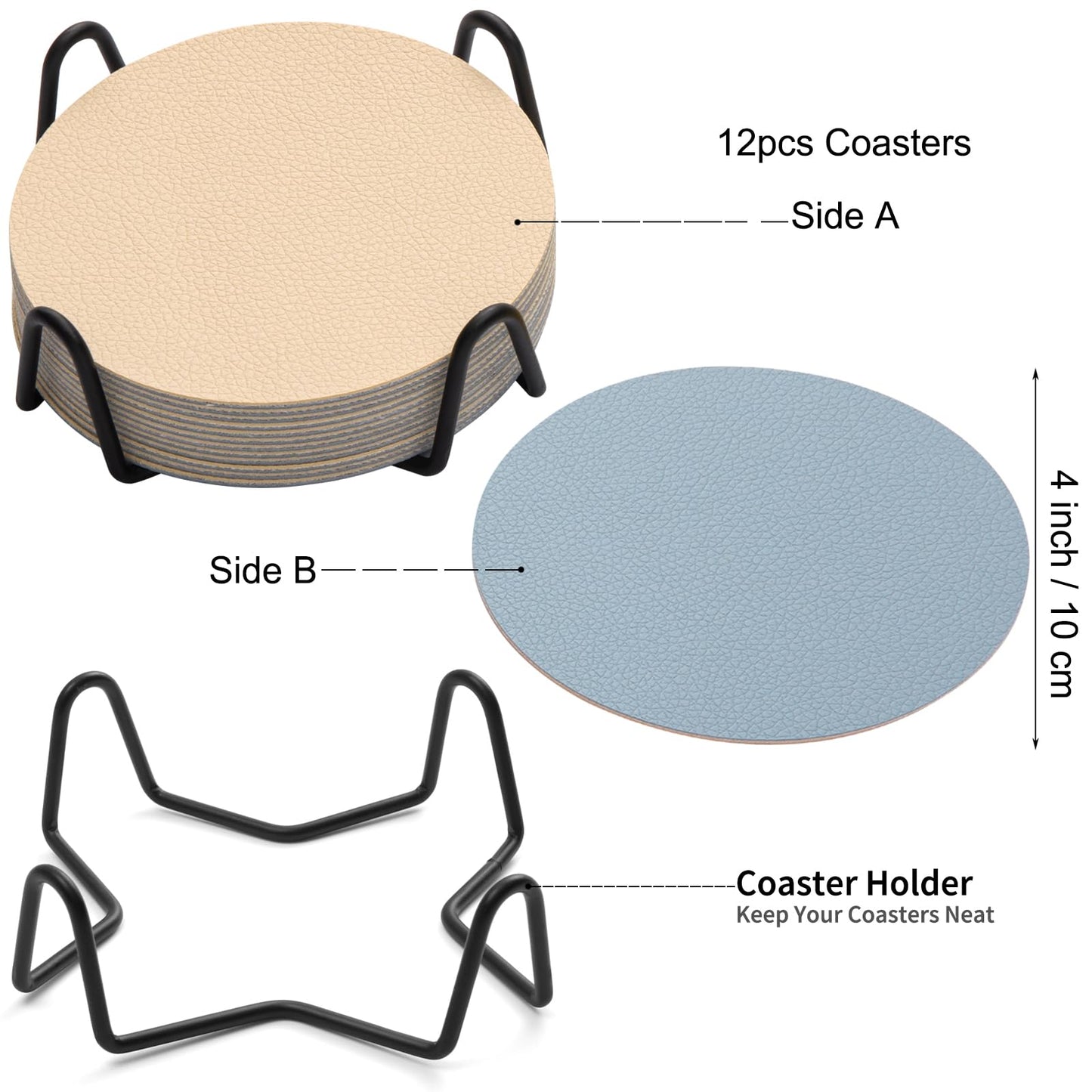 Chitomars Faux Leather Coasters Set of 12, Dual Sided for Coffee Tabletop Protection, Non-Slip Washable Cup Coasters (Beige Yellow Light Blue)