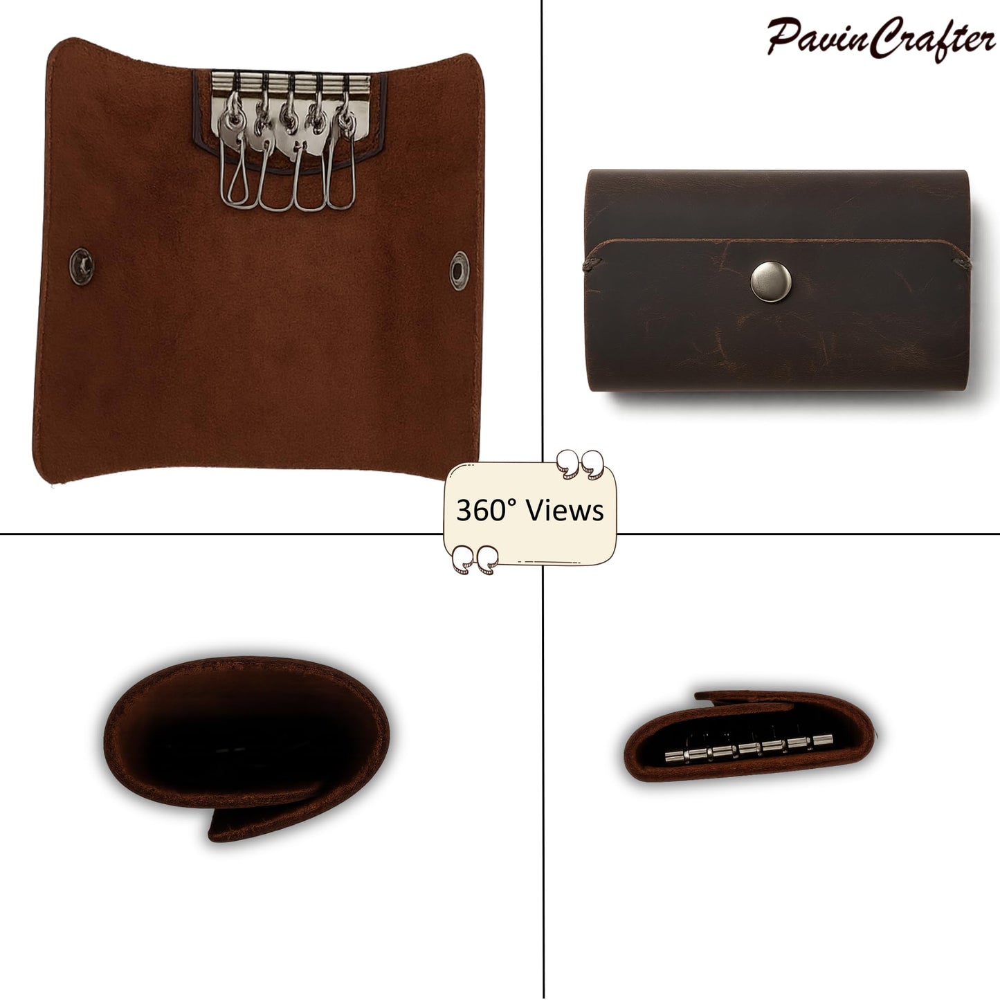 PavinCrafter Leather Key Sleeve – Brown Genuine Leather Key Holder with 6 Ring Slots & Button Closure – Compact Key Organizer for Men & Women