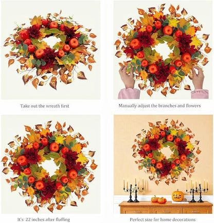 22 Inch Fall Wreath for Front Door, Thanksgiving Artificial Autumn Apple Wreath with Maple Leaves Dahlia Hydrangea for Farmhouse Home Window Wall Office Wedding Indoor Outdoor Decorations
