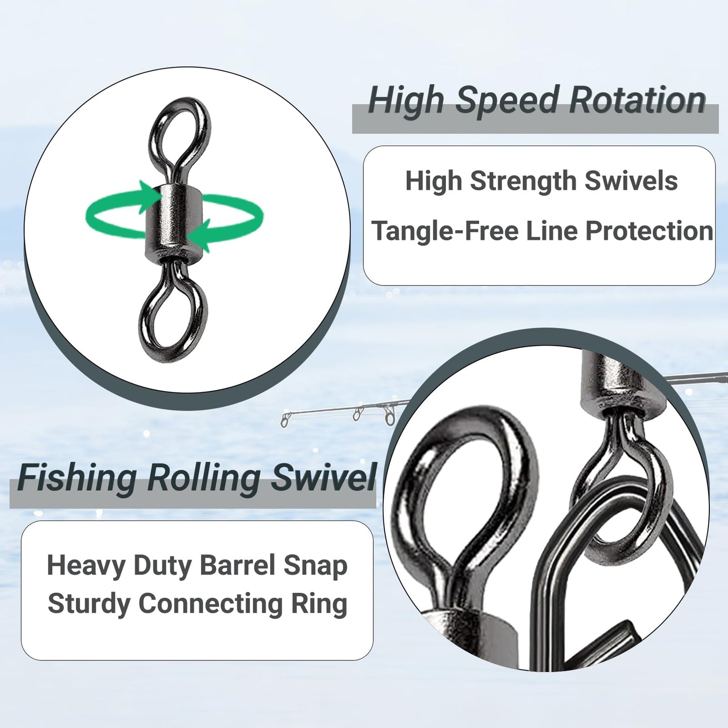 QISHUO Stainless Steel Fishing Swivels Lure Tackle Clips Snap Swivels Strength Barrel Saltwater Swivel Fishing Rolling Black Nickel, 50pcs, 54lbs