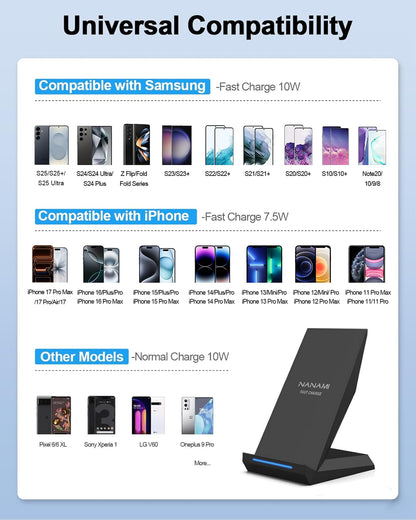 Fast Wireless Charger, [2 Pack] NANAMI Qi Certified Wireless Charging Stand Compatible iPhone 17/17 Air/17 Pro/17 Pro Max/16/15/14/13/12, Phone Charger for Galaxy S25/S24/S23/S22 and Qi-Enabled Phone