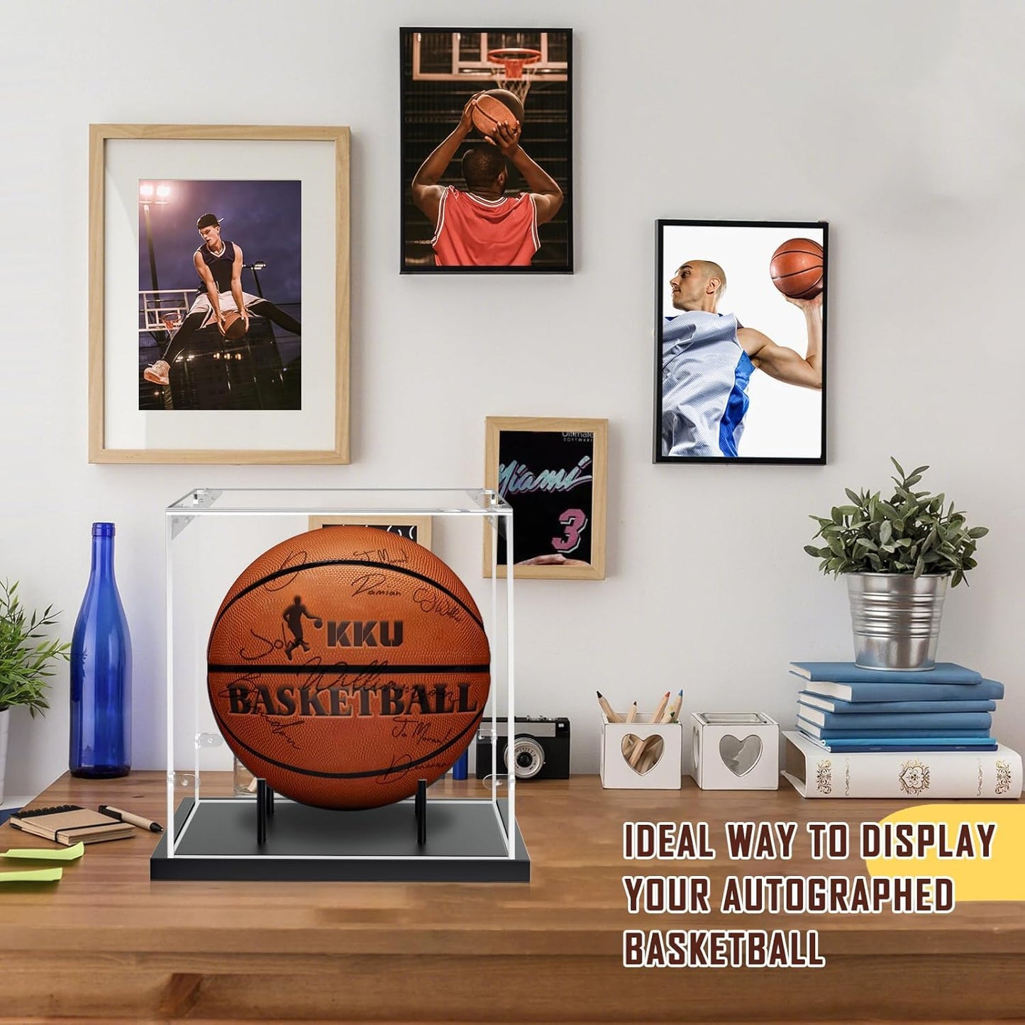 KKU Basketball Display Case, Acrylic Clear Full Size Basketball Case with Solid Wood Base,UV Protected Soccer Basketball Display Stand for Autographed Standard Memorabilia Keepsake, Black