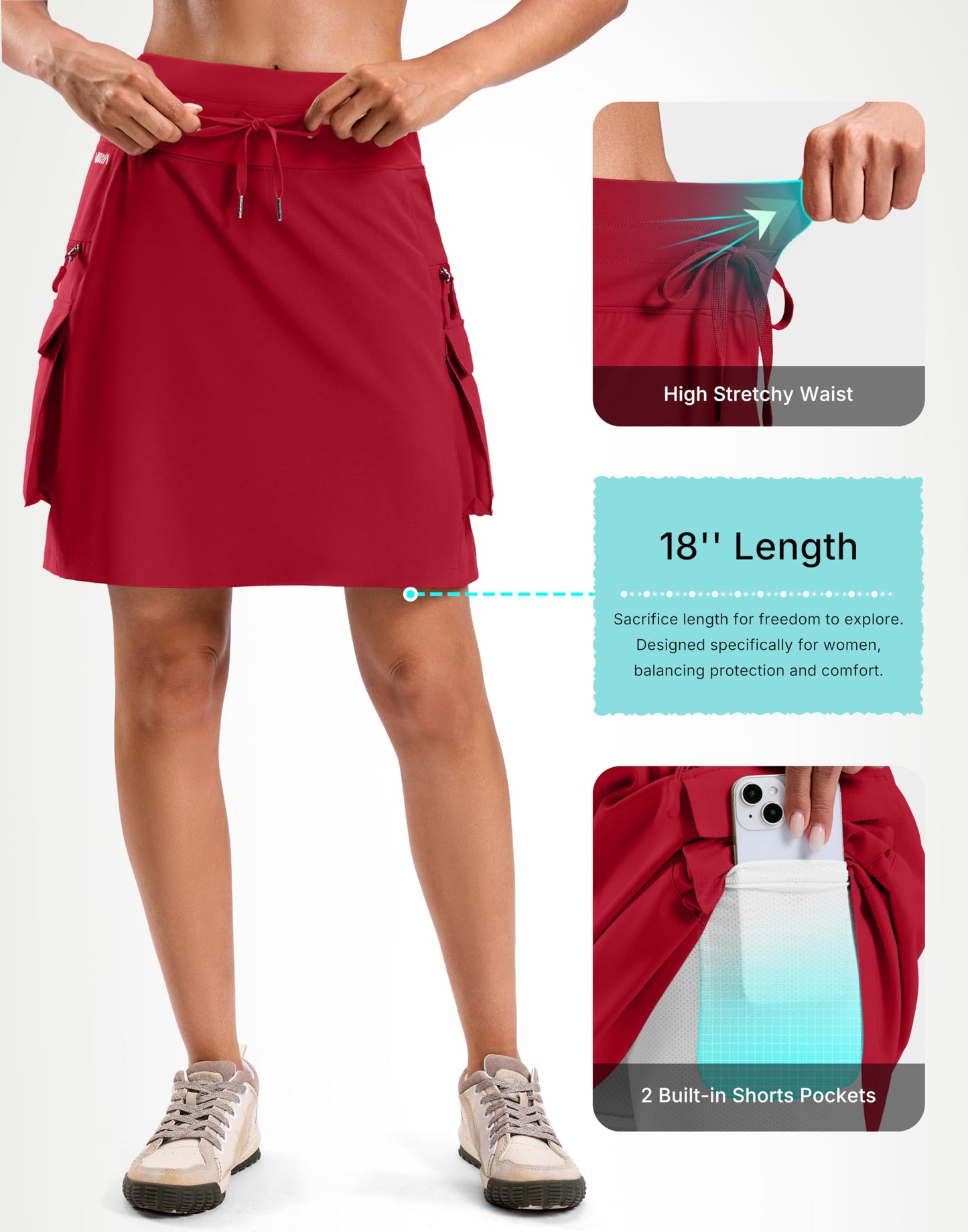 Viodia 18'' Cargo Skorts for Women with 6 Pockets Hiking Knee Length Skirt High Waisted Golf Skort for Travel Casual Deep Red S