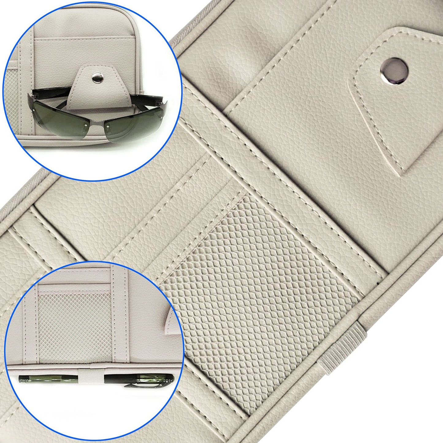 Da by Car Visor Organier Truck SUV Sun Visor Storage Pocket PU Leather Pouch Holder with Multi-Pocket Double Zipper Net Pocket, for Cards Pens Sunglasses Document (Cream Grey)
