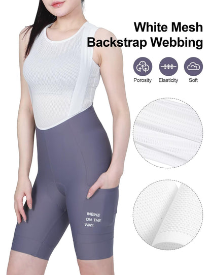 INBIKE Padded Cycling Bibs Women Bike Shorts with Pocket Biking Bibs for Spinning Road Bike MTB Purple Large