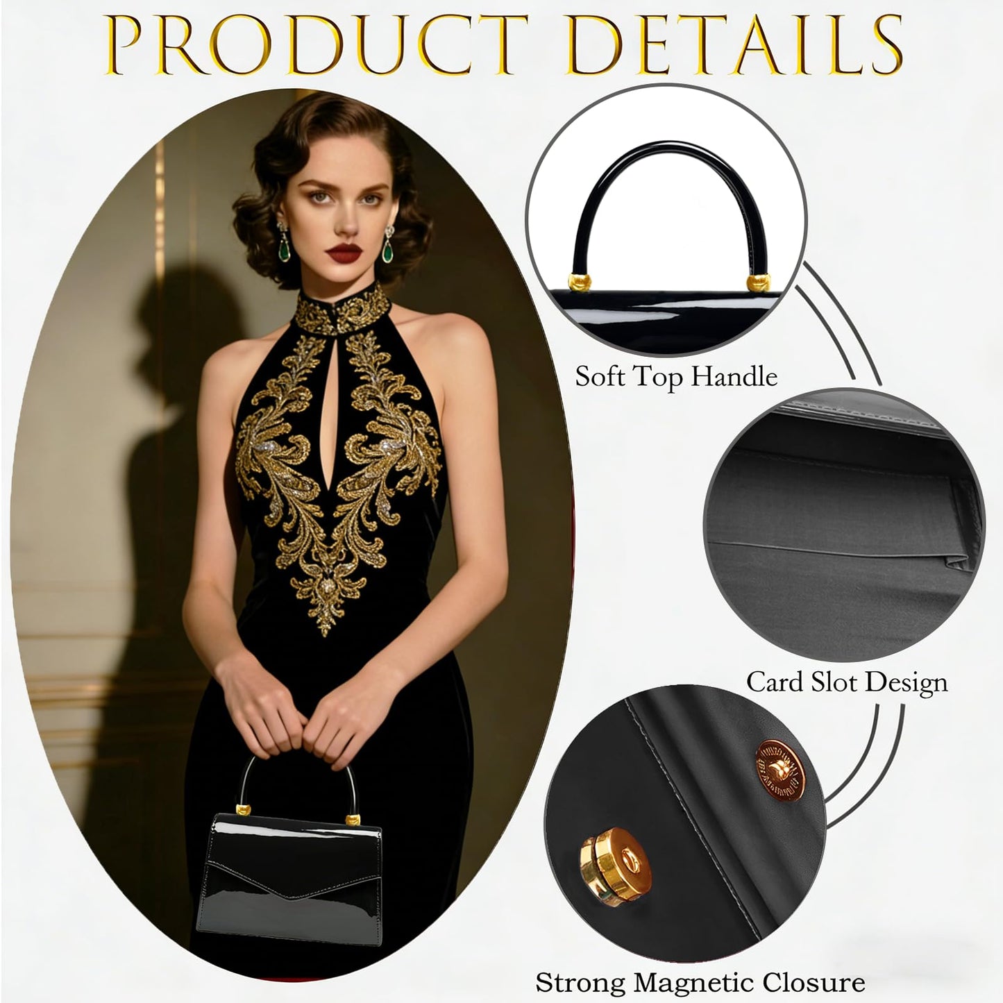 BYWAUQI Evening Patent Leather Handbag Purse Formal Women's Clutch Bag Top Handle for Wedding Party Prom Cocktail(Black)