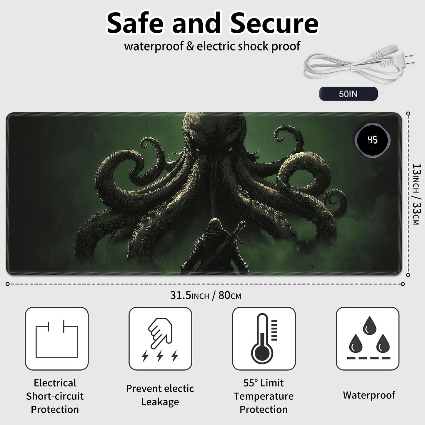FKIUBWRY Heated Desk Pad Heated Mouse Pad - 31.5x13 Inch,3-Level Temp (104℉-122℉) 3-Hour Auto Shut-Off,Leather Waterproof Heated Desk Mat Hand Warmer for Home Office Gaming,Octopus Warrior Green