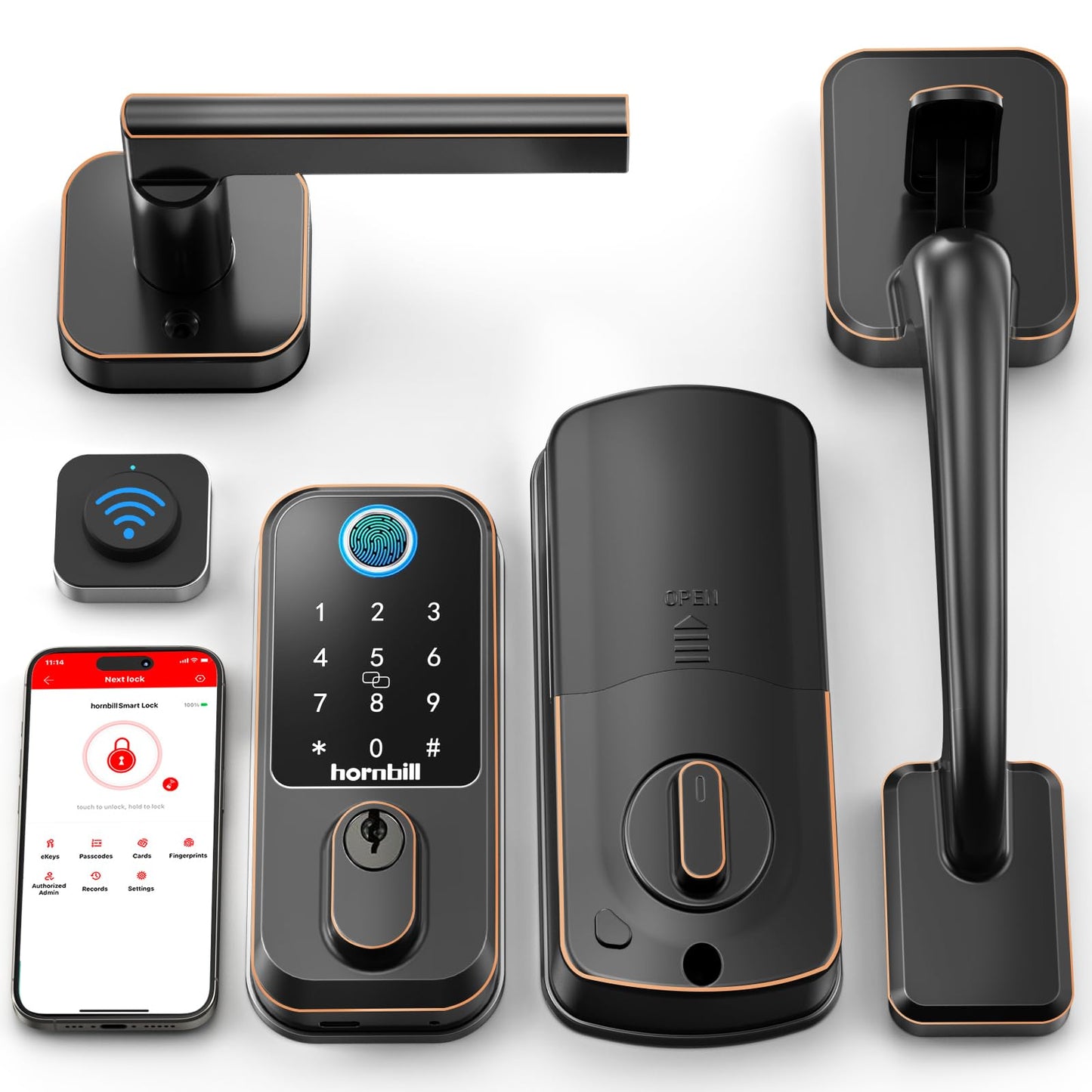 WiFi Smart Locks for Front Door: Hornbill Keyless Entry Door Lock with Handle, Fingerprint Keypad Deadbolt Front Door Lock Set, Electronic Biometric Digital Lock, App Remote Control, Oil Rubbed Bronze