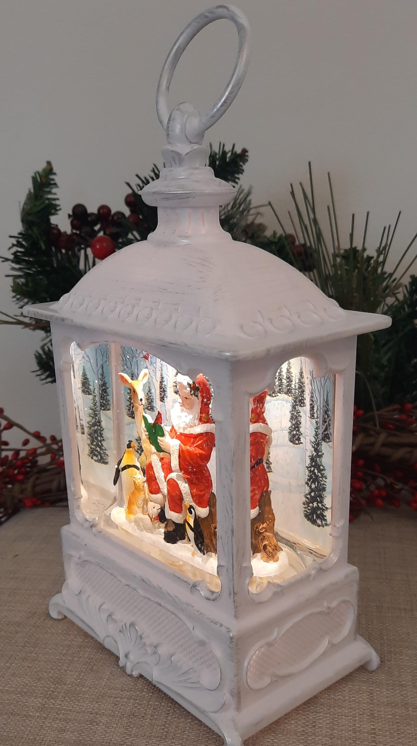Gerson International 9 Inch Lighted Christmas Water Lantern Snow Globe with Continuous Swirling Glitter- Santa with Animal Friends