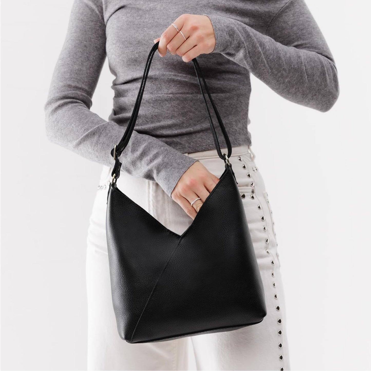 Portland Leather Goods Naomi Shoulder Bag – Slouchy Leather Shoulder Bag with Adjustable Crossbody Strap & Secure Magnetic Closure – Handmade from the Finest Full-Grain Hides – Small, Pebbled Black