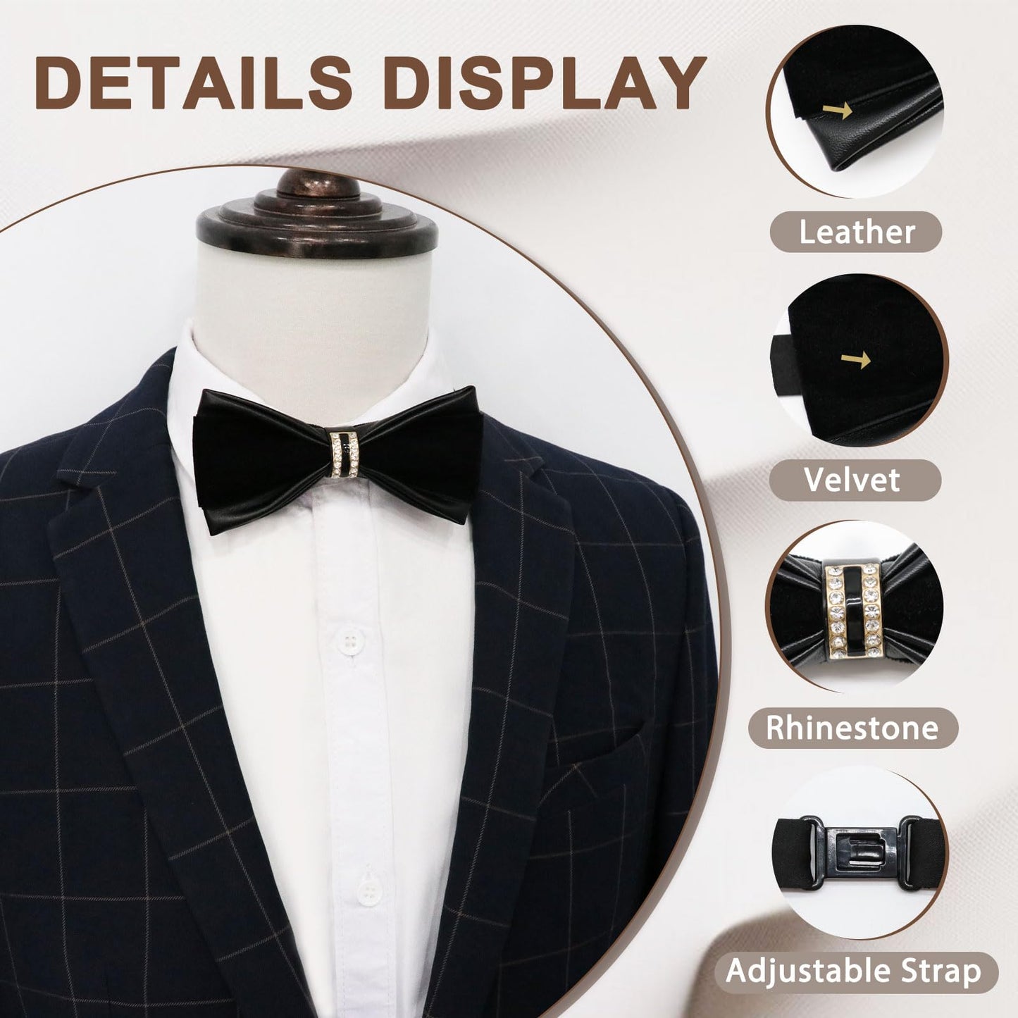 Gsyziux PU Leather Bowtie Rhinestone Velvet Bow Ties for Men, Pre-tied Adjustable Mens Bow Tie for Tuxedo Wedding Party Prom (Black)