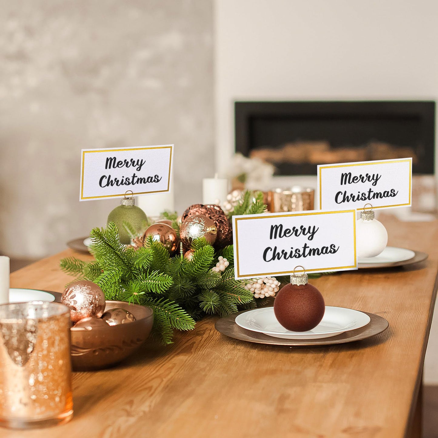 Nitial 12 Pcs Velvet Christmas Ornament Place Card Holders and Name Cards Set for Table Setting 1.57'' Glass Green Cream Tan Brown Table Number Sign Photo Picture Holder for Xmas Holiday Party Decor