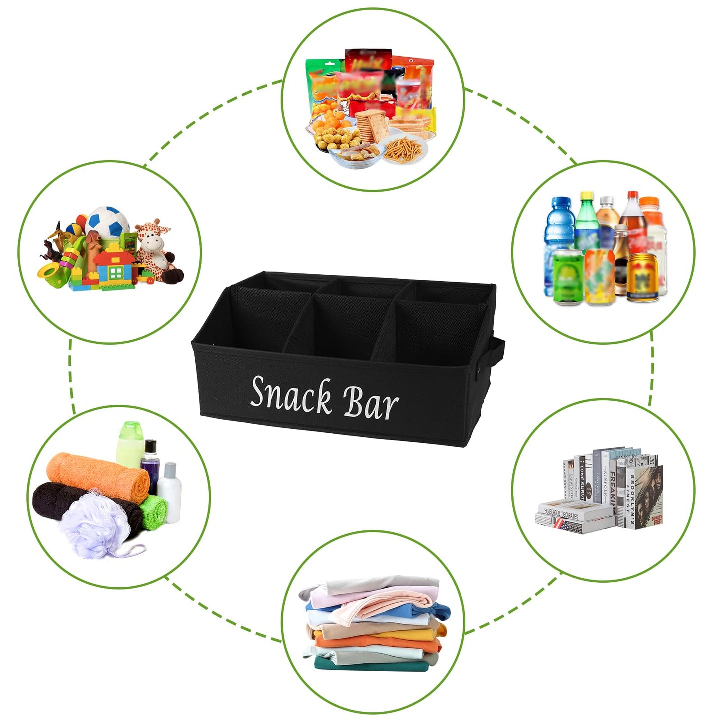 Gdfjiy Snack Organizer for Countertop, Trapezoid Fabric Snack Bin Holder with Side Handles, 6 Compartment Snack Basket Container, Lightweight Snack Bar Station Organizer, Kitchen Pantry Storage-Black
