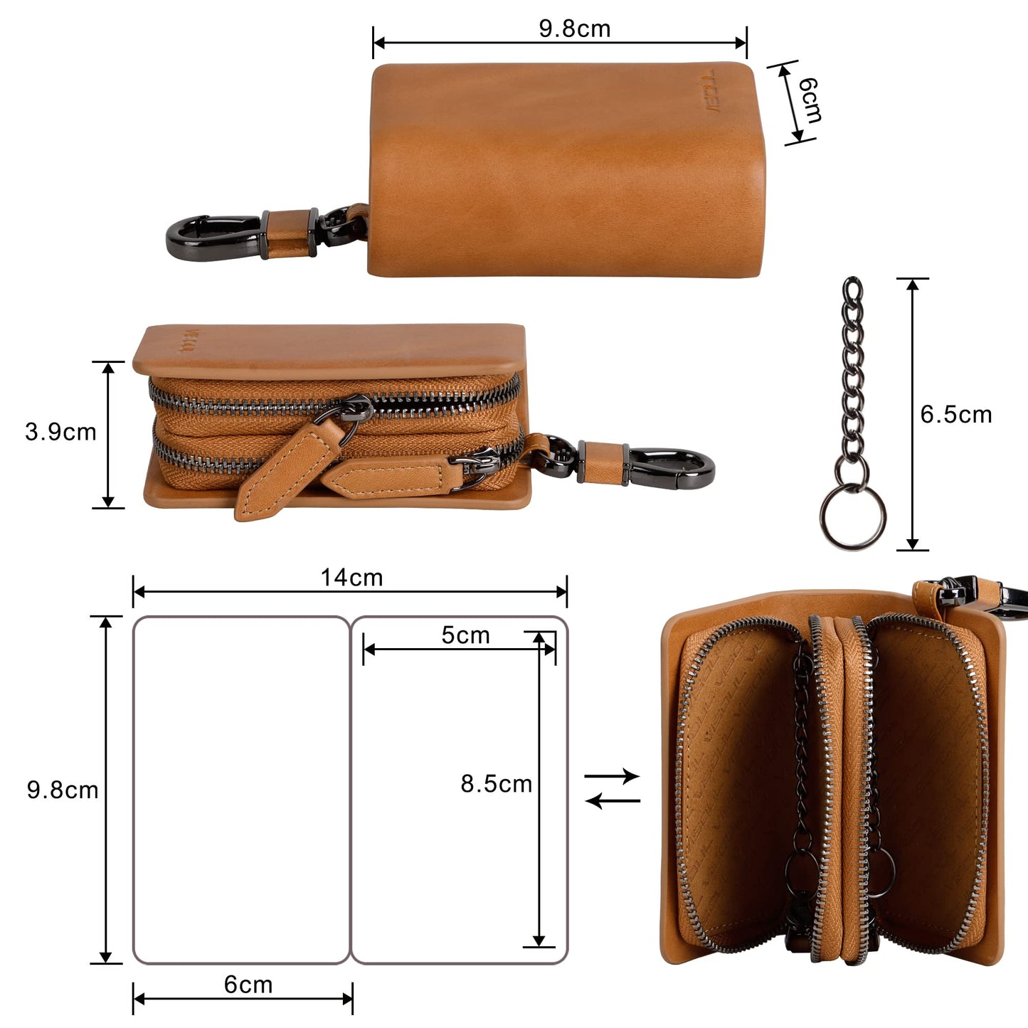 VISOUL Car Key Case Holder Double Zipper, Leather Car Smart Key Fob Case with Keychain for Men and Women-Tan