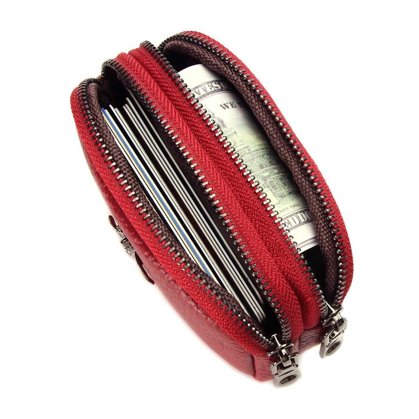 Yocipa Genuine Leather Coin Purse for Women Small Double Zipper Wallet Mini Change Pouch with Bee Charm for Cash Cards Keys Cute Compact Organizer (Wine Red)