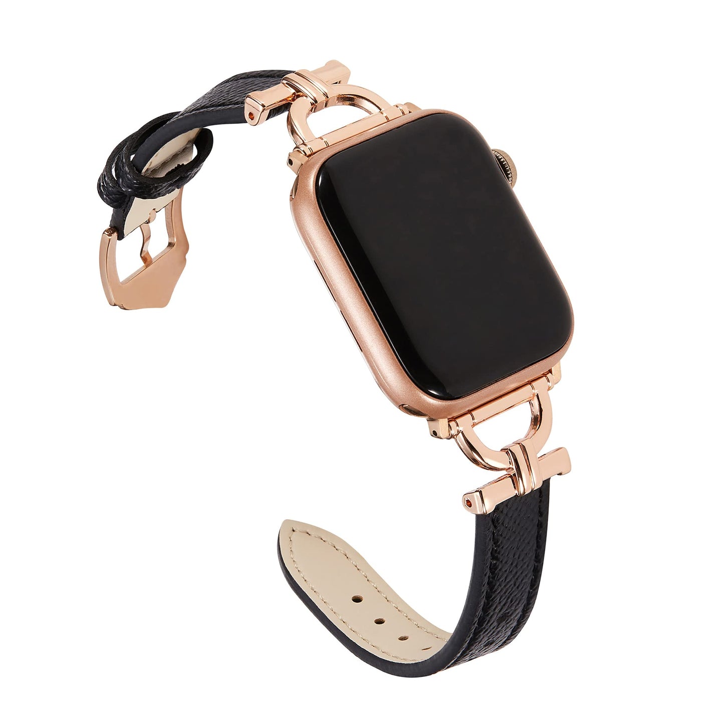 Osber Genuine Leather Band Compatible with Apple Watch Women 38mm 40mm 41mm 42mm(S11/S10), Designer Slim Leather Strap with D-Shape Gold Metal Buckle for iWatch Series 11 10 9 8 SE 7 6 5 4 3 2 1, Black